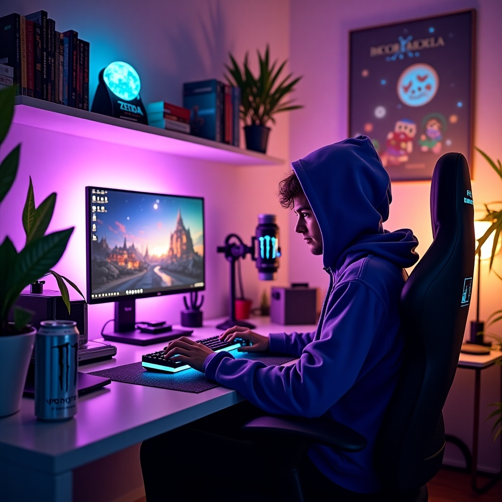 Cozy vibrant gaming setup featuring a person wearing a purple wizard hoodie at a desk. Tech includes MMO mouse, RGB keyboard glowing in purples and blues, soft glow from screen. Room has synth-wave aesthetic with RGB lighting and galaxy projector. Shelf has glowing moon, game books, retro video games. Desk showcases Monster Ultra energy drink can and BEACN microphone. Sleek gaming chair featured with Zelda and Star Wars decor. Background includes plants and retro game collection.