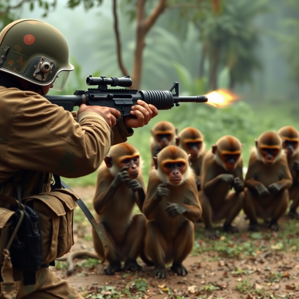 A soldier crouches in a forest, aiming a rifle, as a group of monkeys, lined up, attentively watches.