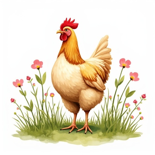 Hand-painted watercolor logo features a free-range chicken among wildflowers and tall grass. Portrays soft natural tones in green, brown, yellow. Includes whimsical handwritten-style text conveying artisanal charm.