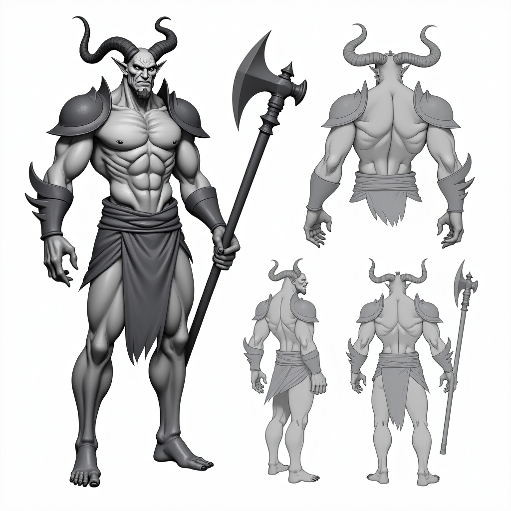 Character design showcase of a muscular demon with multiple views showing front, side, back, and three-quarter angles. Demon wields a two-handed axe and wears spaulders and torso armor. Detailed focusing on attire and physique.