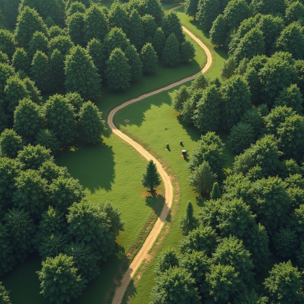 Aerial view of a forest with a winding path. Lush green trees surround the pathway. Two cows appear grazing along the path. This scene captures the beauty of nature and landscape design.