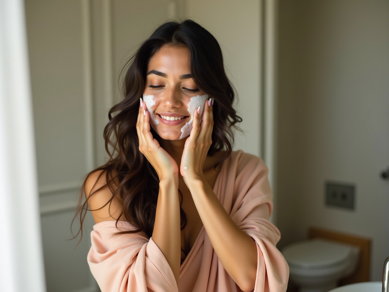 A stunning Indian woman with long, dark hair is gently washing her face in a minimalist bathroom. She wears a soft, elegant outfit that enhances her natural beauty. The atmosphere is calm and serene, with soft, natural lighting illuminating her face. A gentle smile appears on her lips as she enjoys this self-care moment. The setting highlights the essence of beauty and tranquility, inviting viewers to embrace their skincare routines with natural products.