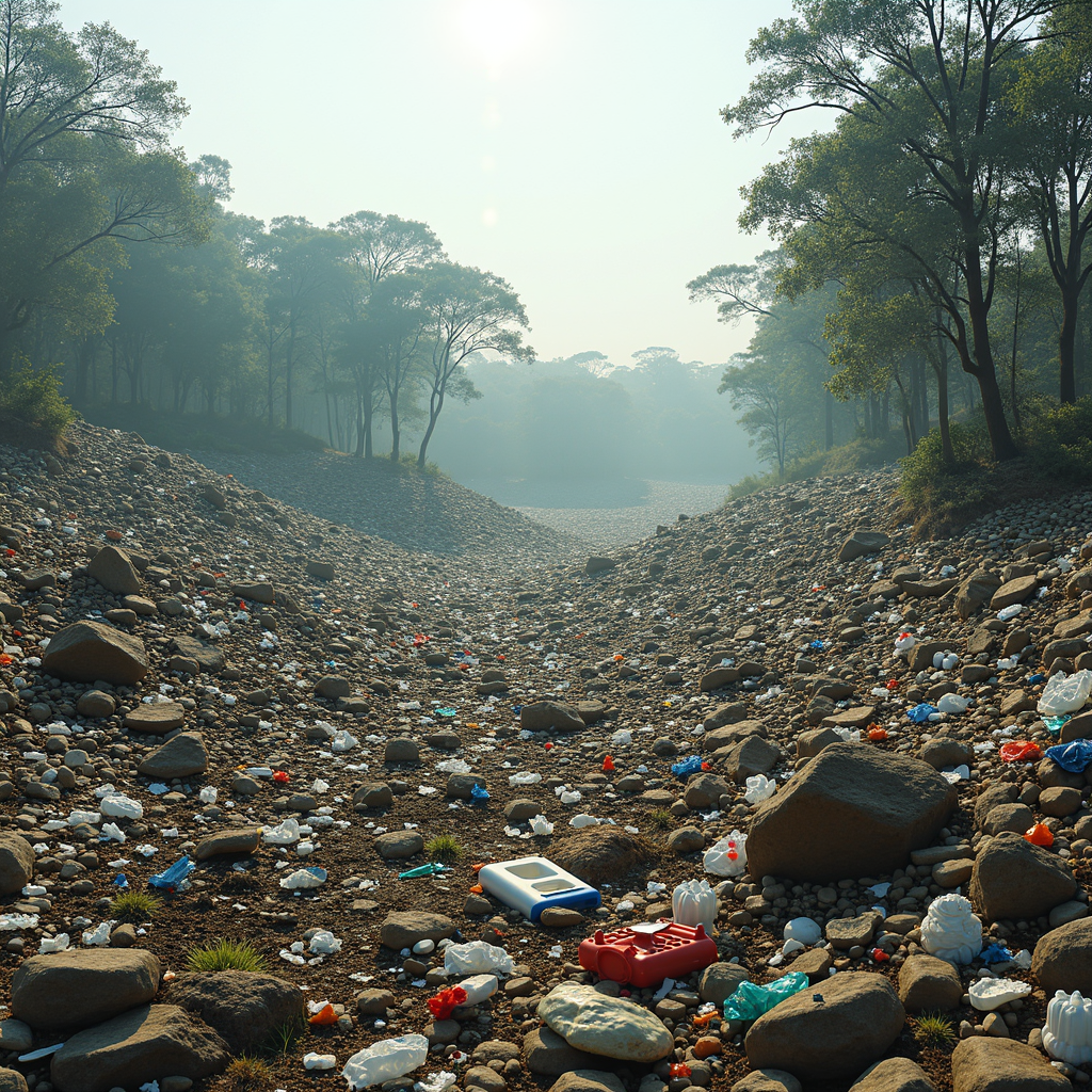 A dry riverbed strewn with colorful plastic waste amidst a lush forest, under a hazy sky.