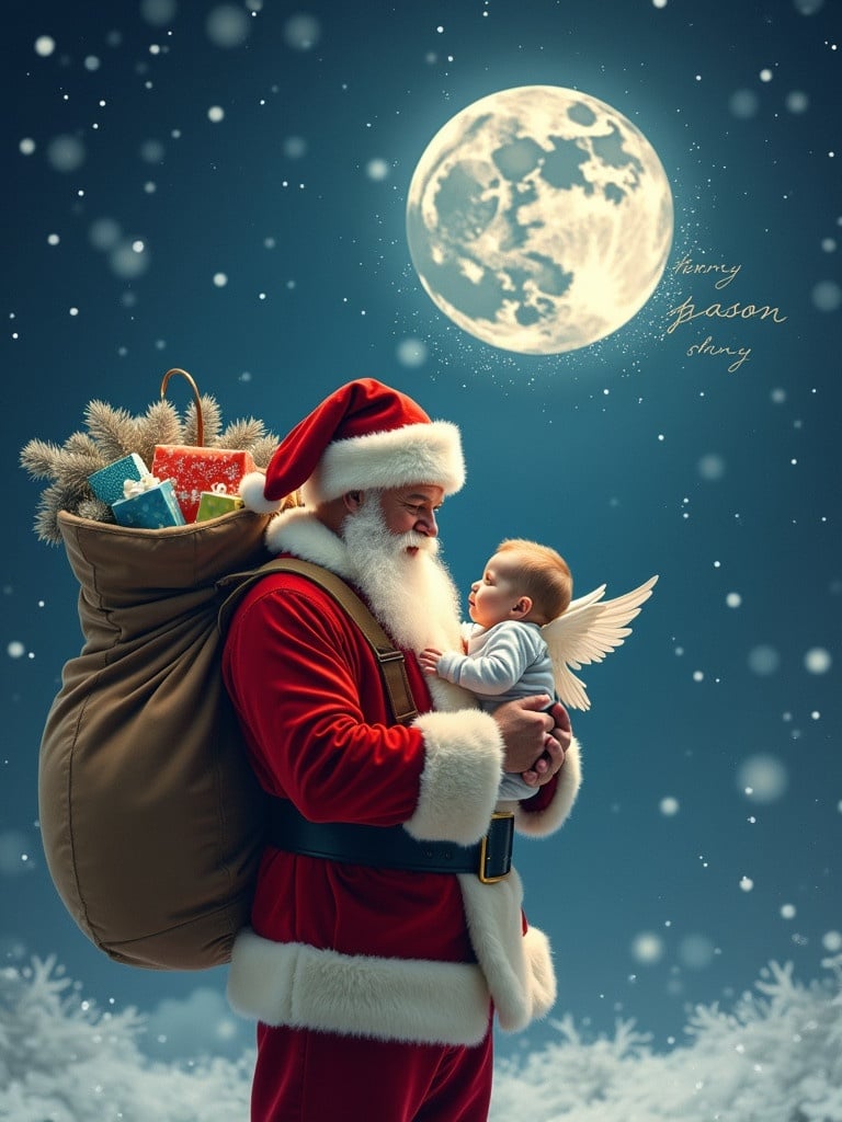 Santa Claus stands under the moonlit sky cradling a baby boy with angel wings. A large plush sack full of gifts is over his shoulder. Snowflakes cascade gracefully in the background. Santa is wearing his iconic red and white suit. The name 'Kayson' is written in the sky among the stars. The scene captures a magical holiday moment.