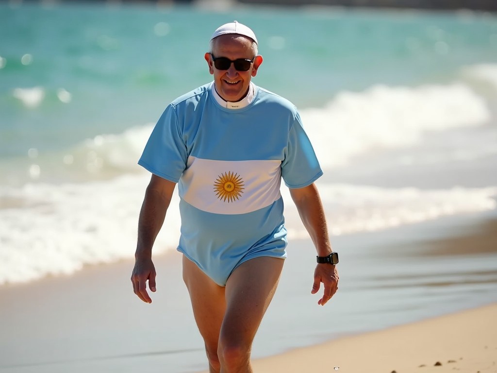 A man wearing sunglasses and a light blue outfit featuring a sun emblem walks confidently along a sunny beach. The ocean waves gently lap at the shore, adding a vibrant backdrop to the scene. His relaxed posture and smile convey a sense of enjoyment and leisure.