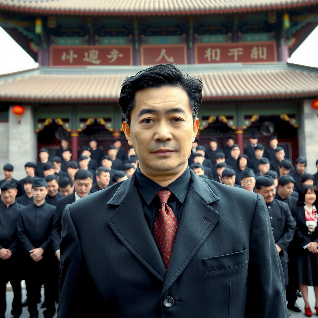 A man in a black suit stands confidently in front of a large group dressed in black, against the backdrop of a traditional building.