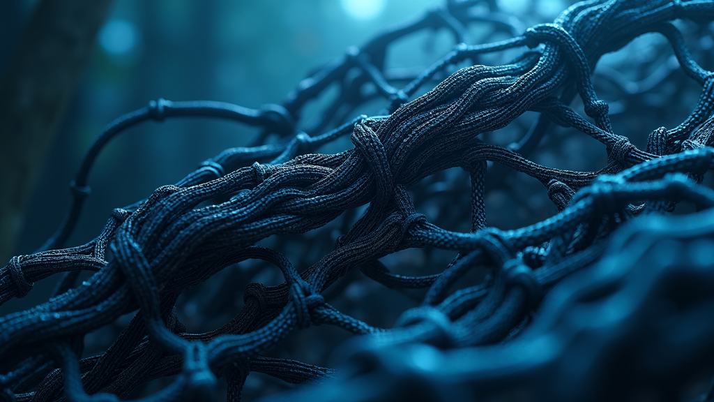 A close-up view of intricately intertwined black ropes creating a complex, textured pattern against a soft blue bokeh background.