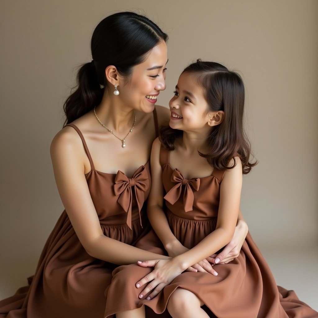 Mother and daughter sitting together wearing matching brown dresses with bows. Gentle smile from the mother. Daughter gazes lovingly at the mother. Soft lighting and neutral background. Warm and intimate atmosphere highlighting their bond.