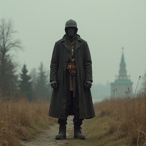 A tall figure stands in a foggy landscape. The character is cloaked in a long coat and obscured by shadows. The environment is serene yet surreal with a distant tower.