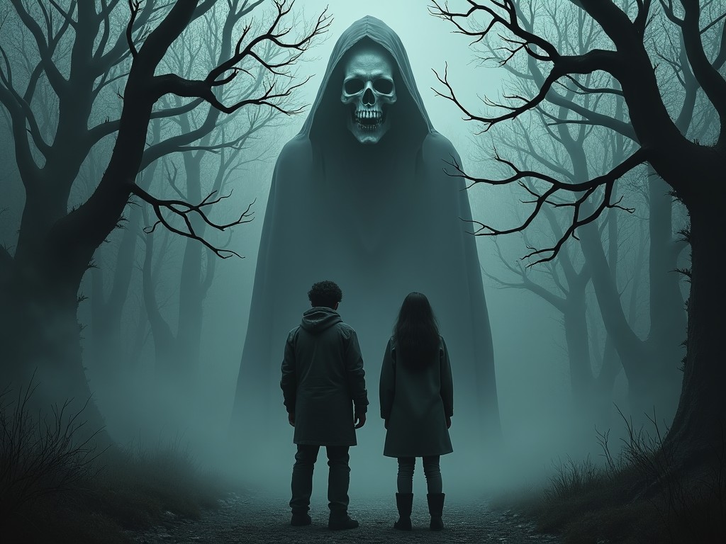 This chilling movie poster features two figures standing in front of a towering, menacing skull-faced specter. The background is a misty forest with bare trees, contributing to the eerie atmosphere. The specter's shape looms large, casting a shadow over the characters, who appear small and vulnerable. A soft teal glow enhances the suspenseful feel of the image. Overall, the poster evokes a sense of fear and anticipation, perfect for a horror film.