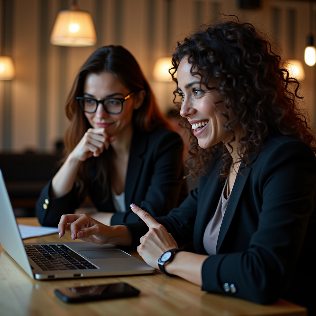 Two women are happily working together on a laptop in a cozy, well-lit space.