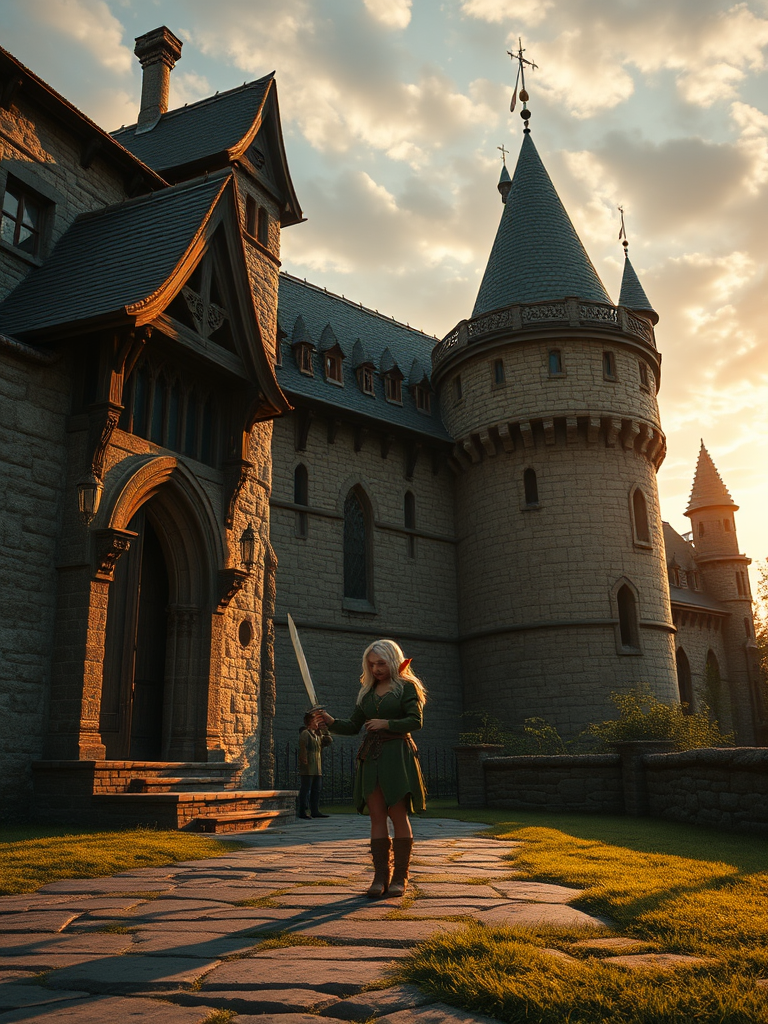 A fantasy scene depicting an elf warrior with a sword standing in front of a majestic castle at sunset.