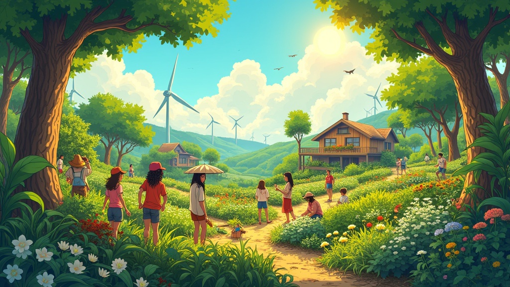 Comic-style illustration depicting a solarpunk landscape. A vibrant permaculture with diverse flowers and plants. People of various ages working together. Harvesting crops and tending gardens. Golden sunlight filtering through trees. Wind turbines in the background with futuristic homes visible in the greenery. Serene and hopeful atmosphere with painterly textures and dynamic lighting.