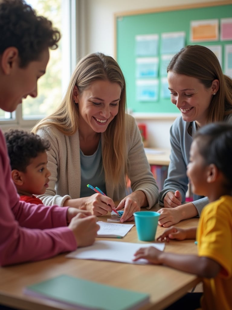 A full-width image showcasing a group of educators and therapists engaging with students in an interactive learning environment. Participants are collaborating around a table filled with colorful materials.