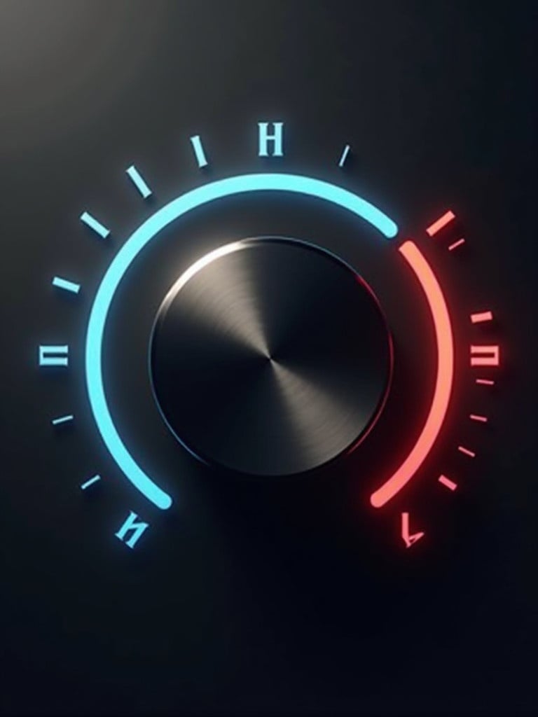 A graphic depicting a circular volume knob. The knob has a metallic finish. The design features illuminated markings in the colors blue and red. It represents audio control visually. The background is dark to enhance contrast.