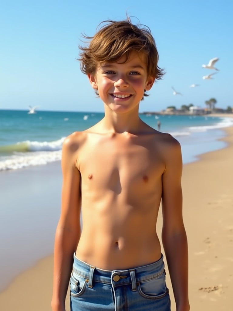 Young teenage boy standing shirtless on the beach. He wears low hanging denim jeans. The beach is sunny with clear skies, and waves are gently lapping at the shore.