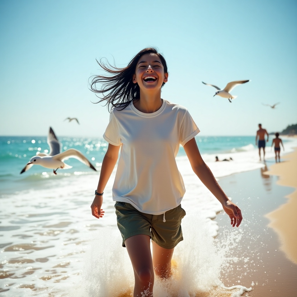 A young girl is joyfully playing at the beach, wearing a casual t-shirt and olive green shorts. She is running through the shallow waves, with her hair flowing in the wind. Seagulls are flying around her, enhancing the cheerful atmosphere. The sun shines brightly, creating a warm and inviting scene. The sandy beach and clear blue ocean form a picturesque backdrop for this vibrant moment.