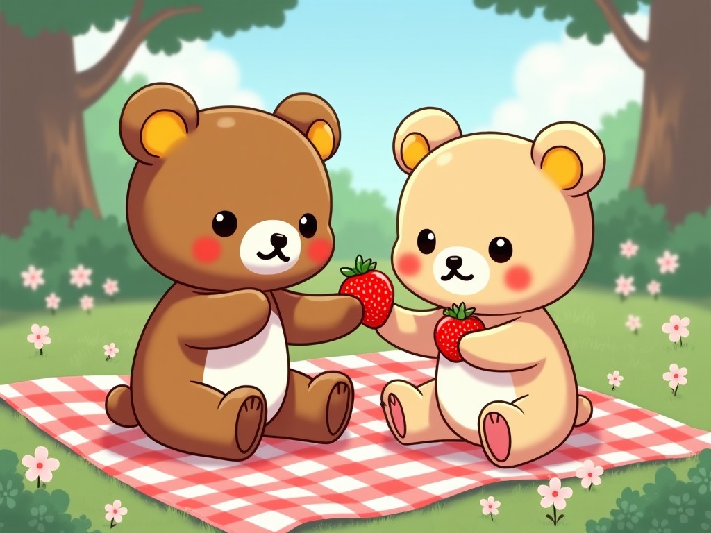 two cartoon bears having a picnic and sharing strawberries in a park