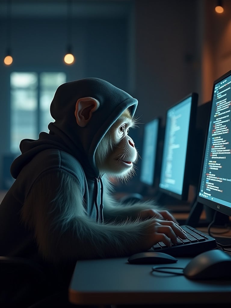 Monkey wears a hoodie. It types on a computer. Code appears on the screen. Dark ambient lighting sets the scene. Suitable for desktop wallpaper.