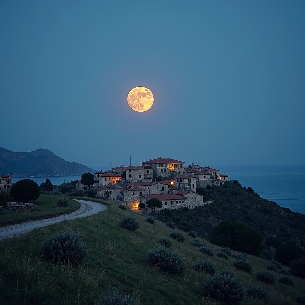 A tranquil village by the sea under a luminous full moon.