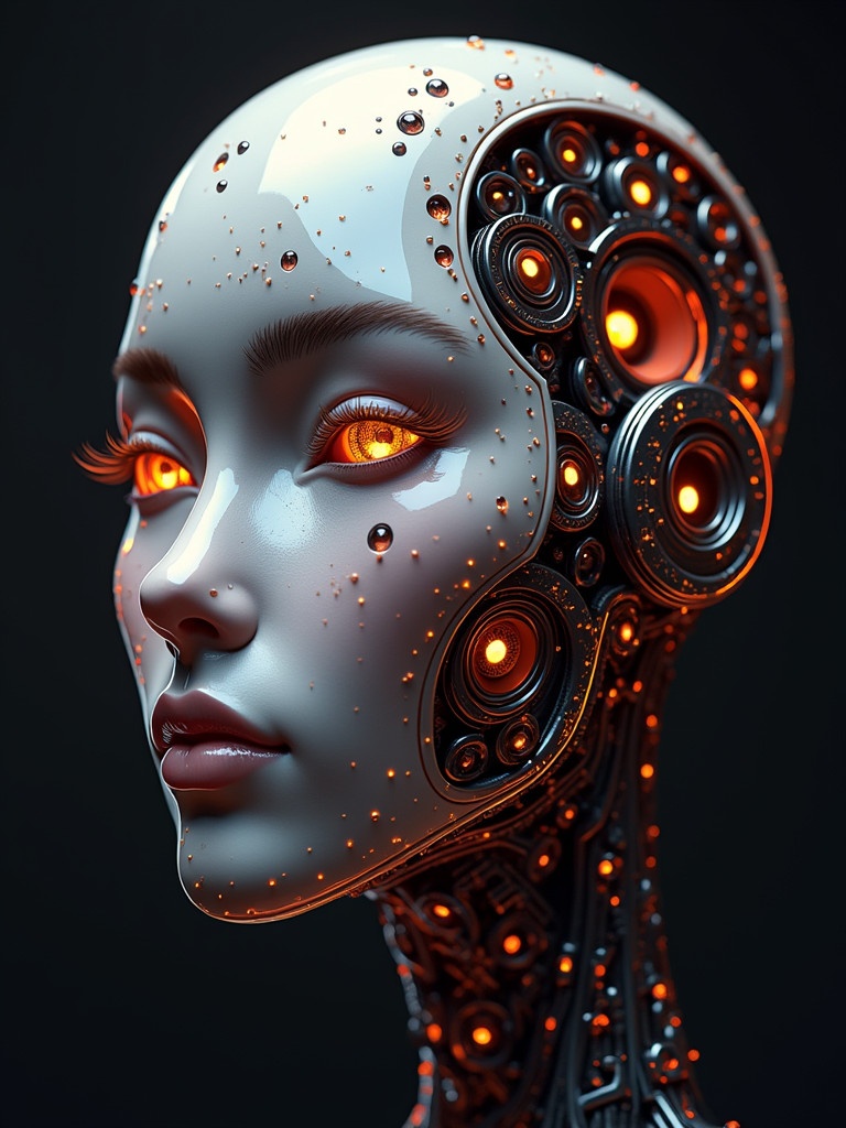 Create an AI face with intricate details suitable for use as a memecoin logo. Focus on futuristic elements and technology-inspired design.