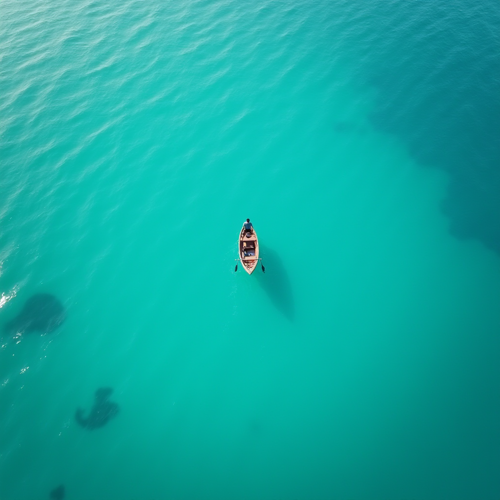 A lone person rows a wooden boat on calm, clear turquoise water.