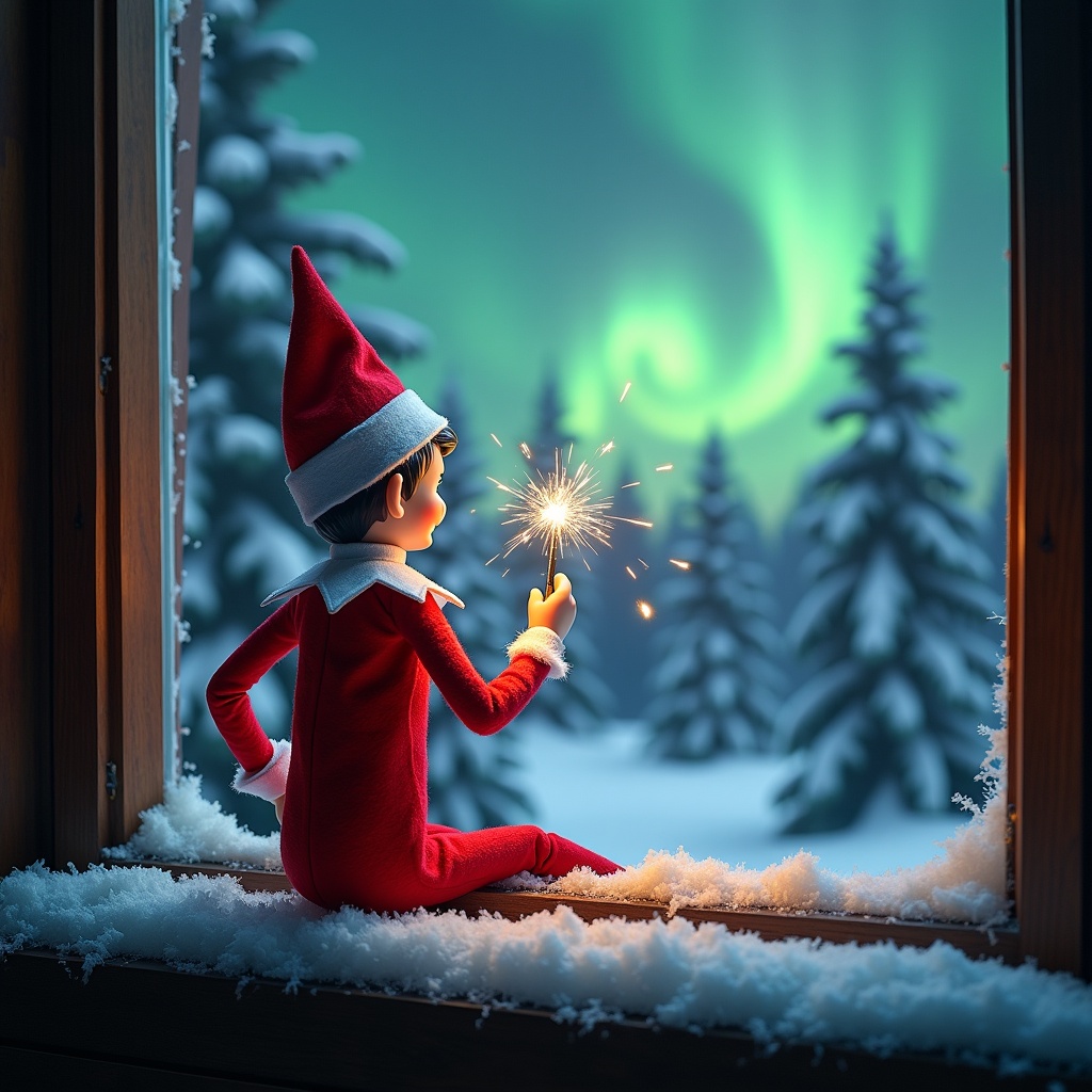 The image features an adorable elf on the shelf sitting on a window ledge, with his back turned to the viewer. He is using a magical wand to create twinkling sparks while looking up at a stunning display of northern lights. The background is set in a winter wonderland, filled with snow-covered pine trees, conjuring a festive holiday feel. Dressed in a vibrant red outfit with white trim, the elf embodies the Christmas spirit. The scene is illuminated by the enchanting colors of the aurora borealis, enhancing the magical ambiance.