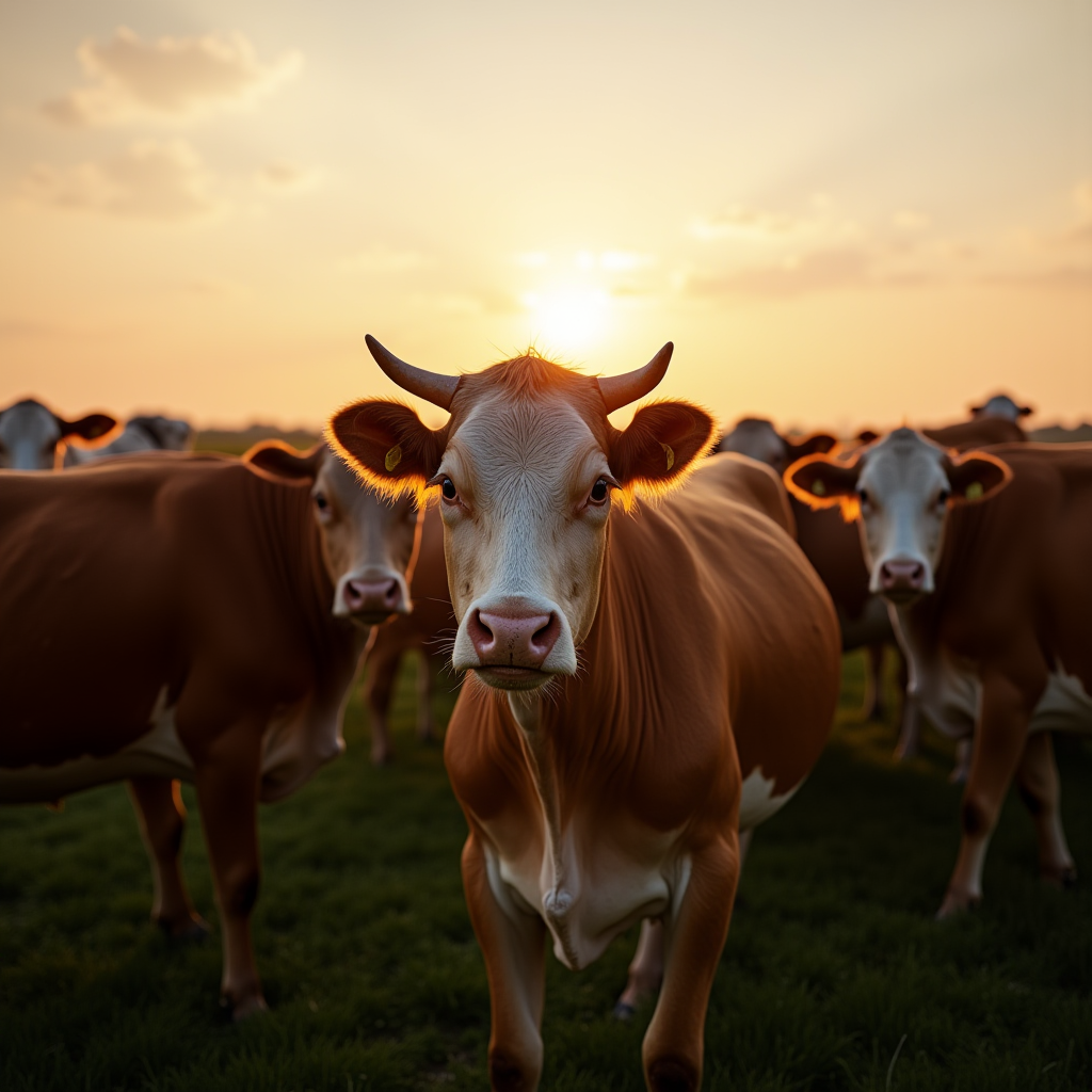 A herd of cows grazing peacefully at sunset with the sun casting a golden glow.