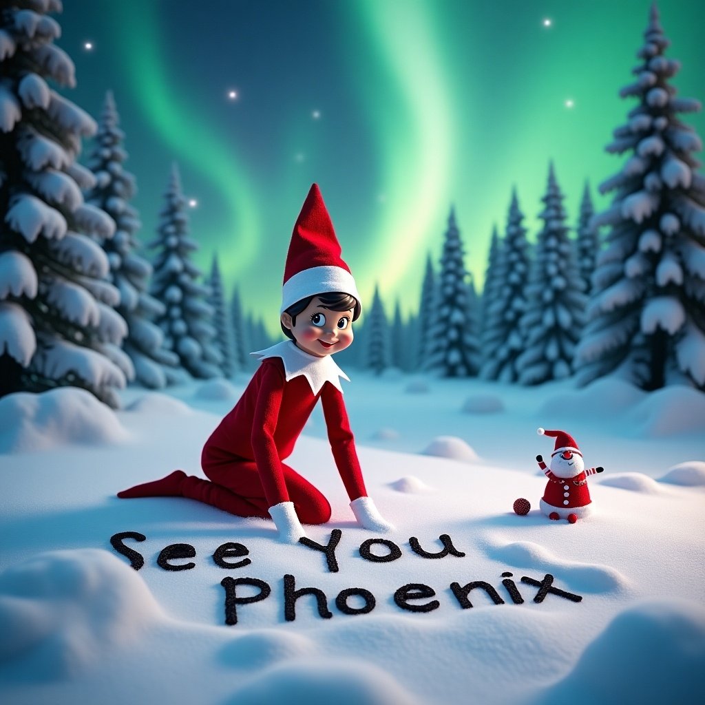 An elf on the shelf is seen writing words in snow outdoors. The elf has a red outfit and a happy expression. The background features northern lights. The landscape is snowy and serene, creating a festive mood.