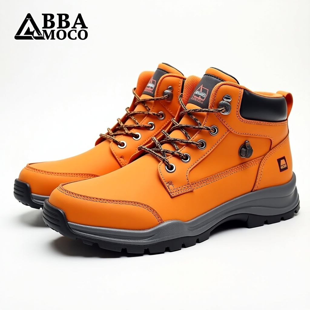 This image showcases a pair of men's orange all-weather sneaker construction boots. They feature a sturdy design, made for durability in various weather conditions. The boots are highlighted with triangle logos from the ABBA MOCO brand, emphasizing style and functionality. The vibrant orange color makes them stand out while ensuring they are both practical and fashionable. Designed for outdoor enthusiasts, these boots cater to those who need reliable footwear for construction or hiking activities.