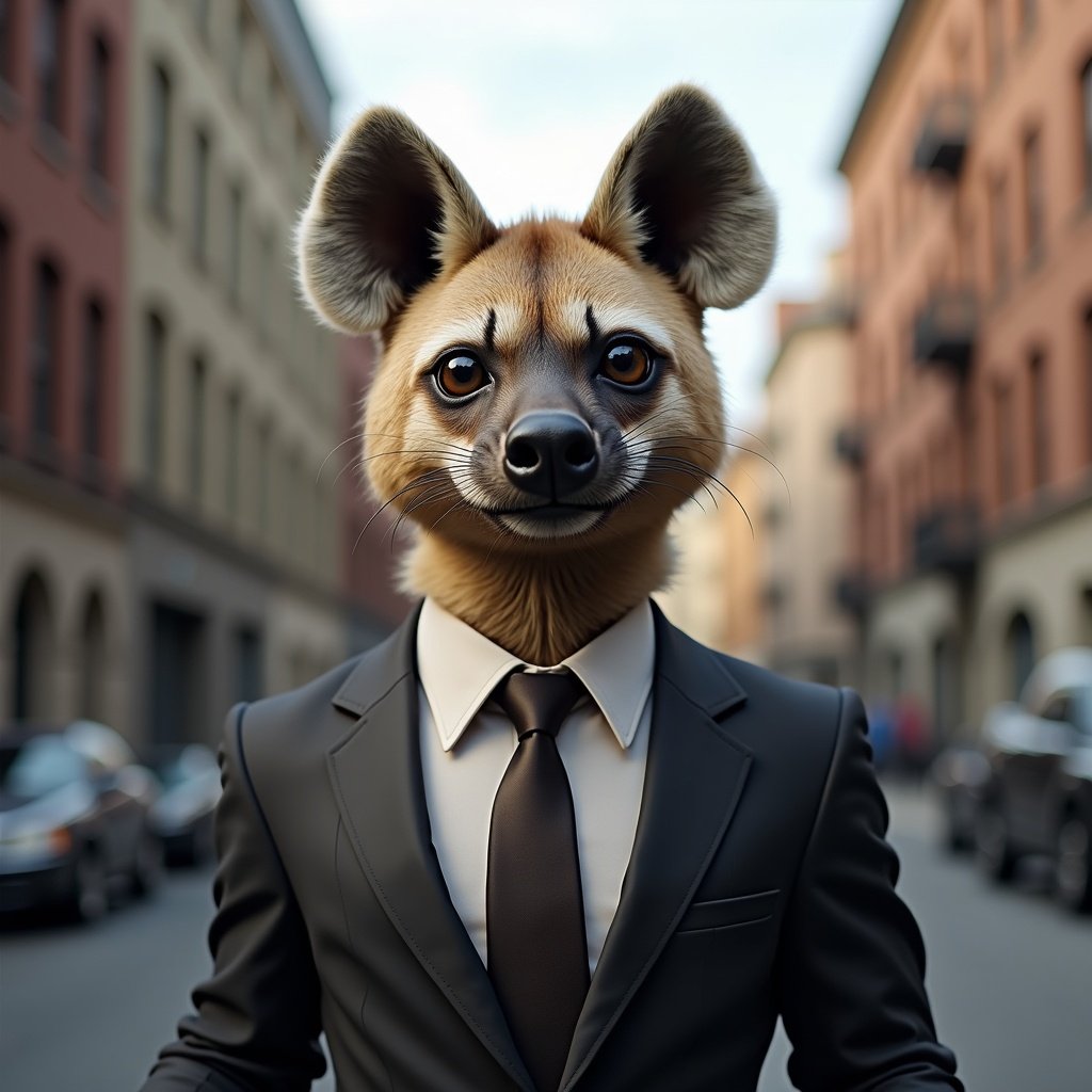 Anthropomorphic spotted hyena in a business suit on city street