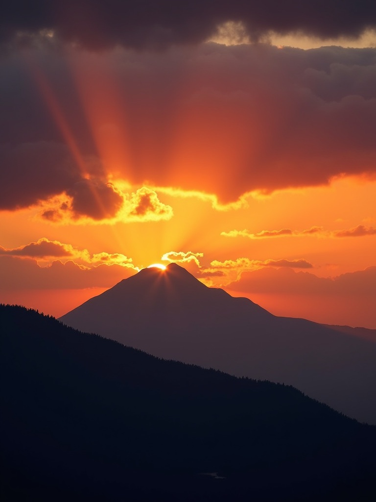 A stunning mountain range silhouetted against a vibrant sunset sky. Dramatic rays of light streaming through dark clouds. The peak of the mountain is illuminated by the sun setting behind it.