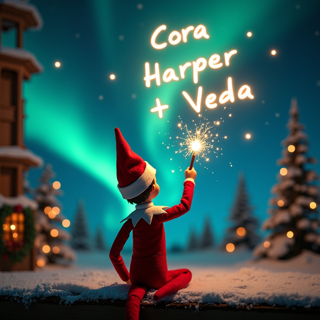 An enchanting Christmas scene showcases an elf on the shelf, sitting with his back to the viewer. Dressed in traditional red and white, the elf wields a magic wand to write 'Cora', 'Harper', and 'Veda' in glowing script against a night sky. The backdrop features vibrant northern lights that add a magical touch. Snow-covered trees complete the festive atmosphere. This whimsical moment captures the joy and wonder of the holiday season, inspiring excitement and nostalgia.