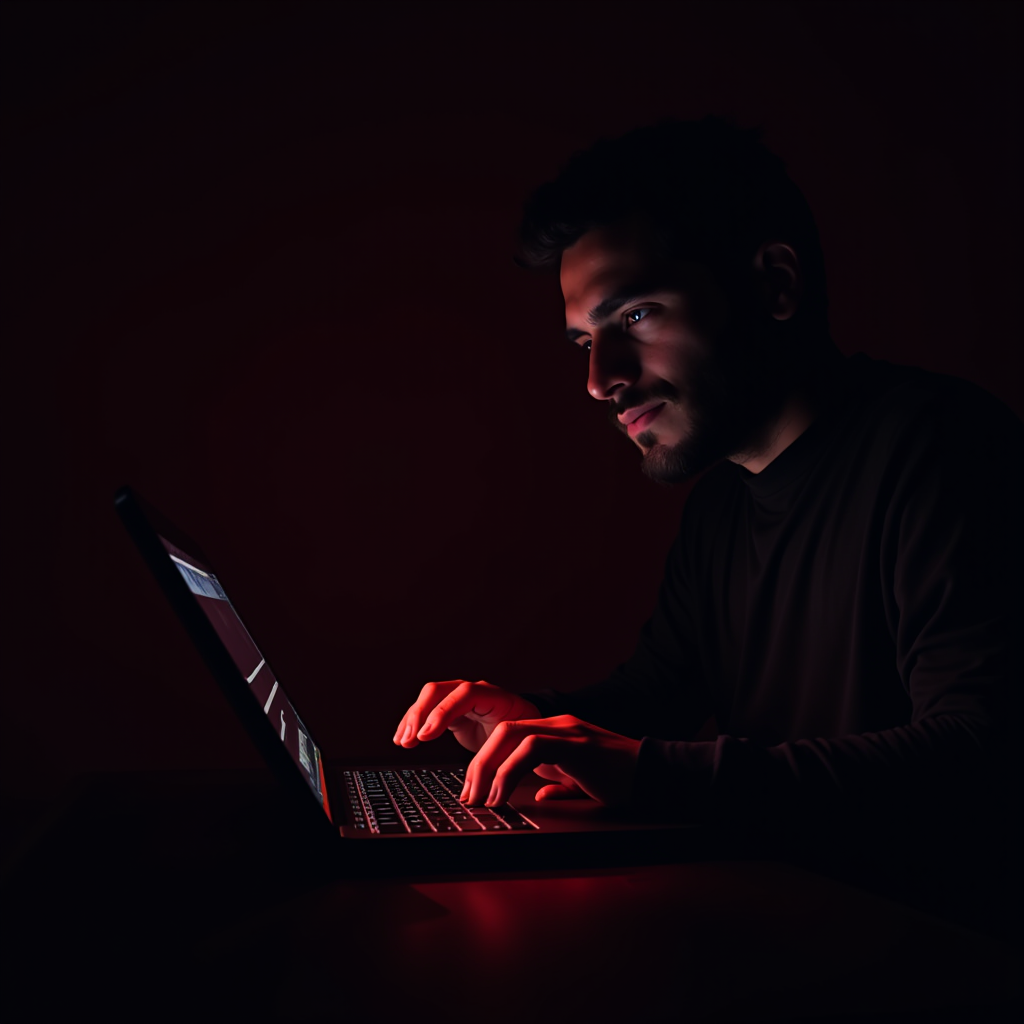 A person in a dimly lit room intensely working on a laptop, with a mysterious red glow illuminating their focused face.