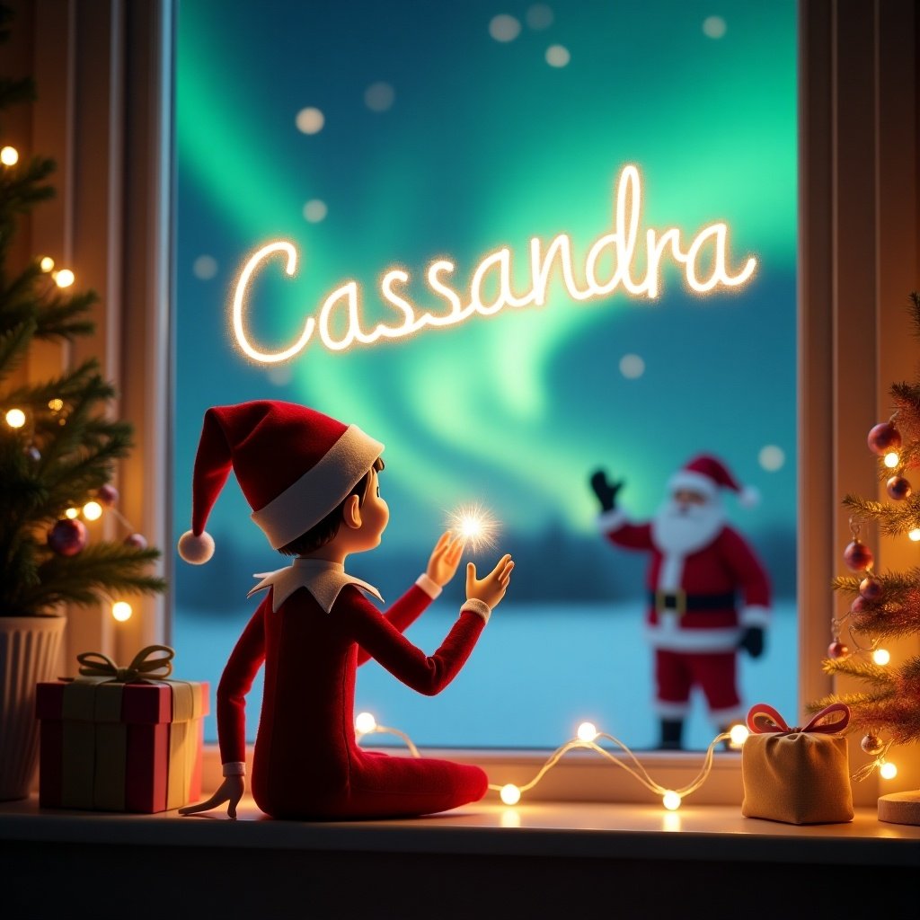 This whimsical holiday scene captures an elf sitting on a windowsill, dressed in a red outfit with a matching Santa hat. She's facing a mesmerizing sky, writing the name 'Cassandra' in sparkling light. In the background, Santa Claus appears, adding charm to the festive moment. The window is adorned with soft, twinkling lights and a decorated Christmas tree, enhancing the magical atmosphere. The northern lights create a stunning backdrop, setting the stage for a feeling of warmth and wonder. The overall mood evokes excitement and the holiday spirit, making it perfect for festive celebrations.