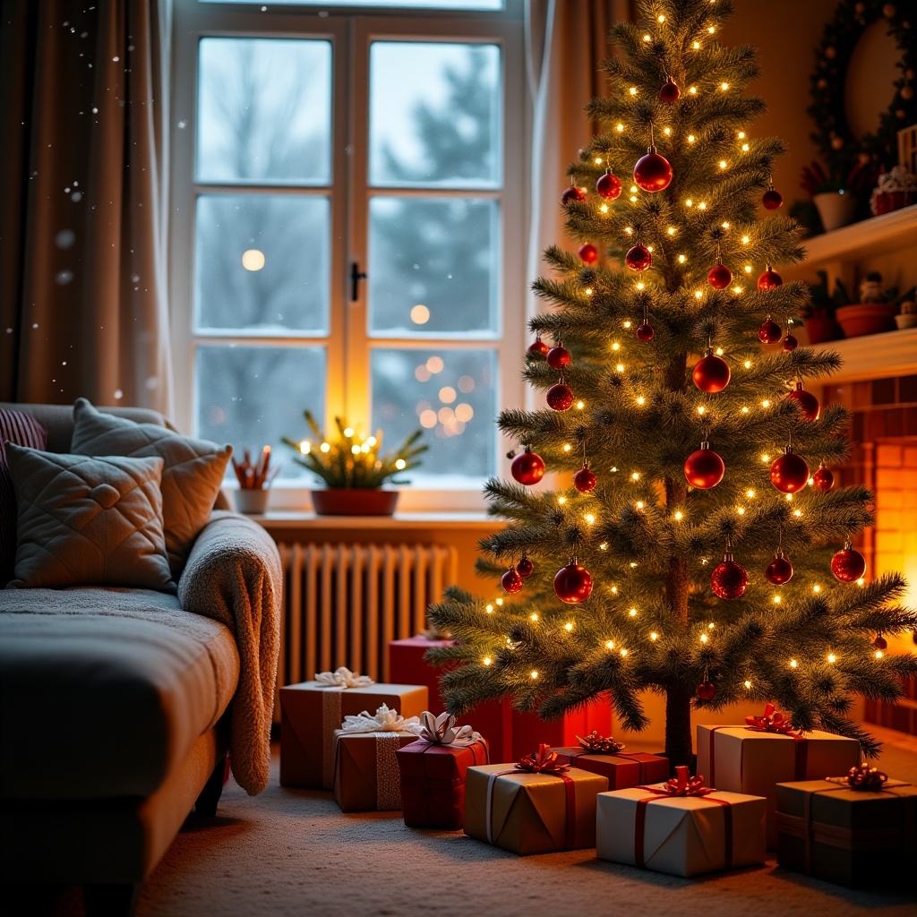 A cozy living room decorated for Christmas with a beautifully lit tree. The tree is adorned with red ornaments and twinkling lights, standing next to a warm fireplace. There are several wrapped gifts neatly placed underneath the tree. Snow can be seen falling outside the window, creating a winter wonderland ambiance. Soft light illuminates the room, enhancing the festive spirit. The overall setting evokes a sense of warmth and joy.