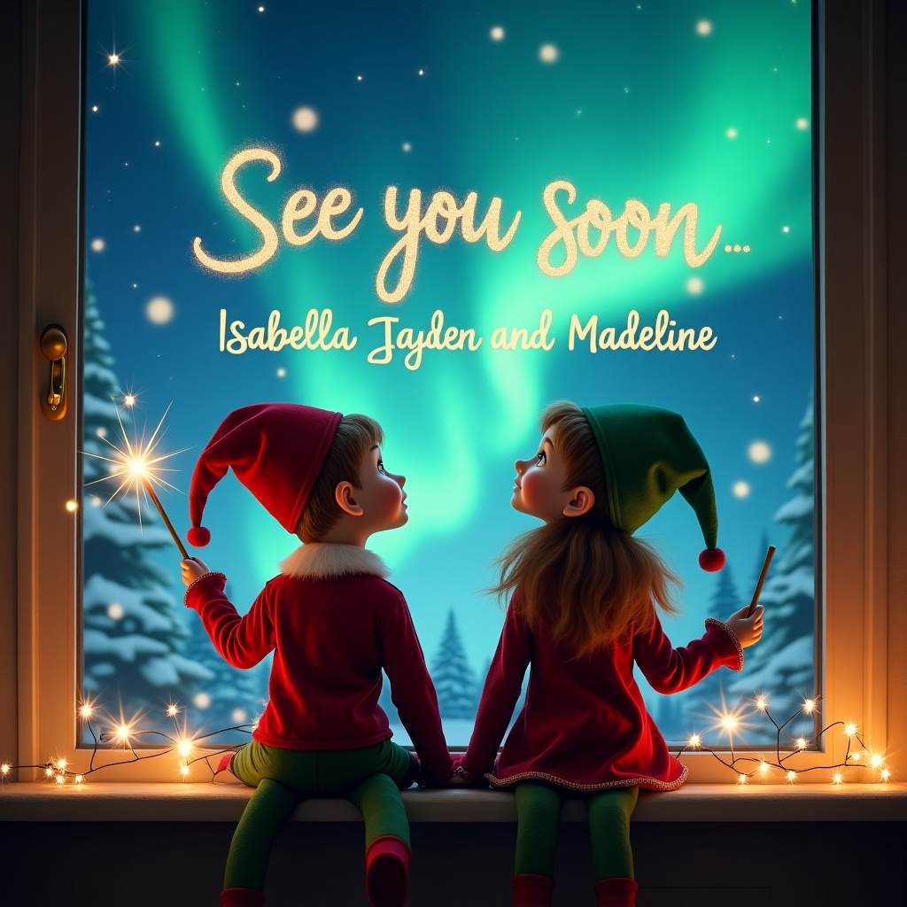 The image features two elves, one boy and one girl, positioned with their backs turned to the viewer, gazing up at the enchanting northern lights. One elf is holding a wand and magically writing, 'See you soon Isabella, Jayden and Madeline,' in sparkling letters. The scene is filled with a warm glow from soft lights that create a whimsical and inviting holiday atmosphere. This captures the magic of Christmas for families and children. It illustrates the feeling of joy and anticipation that comes with the holiday season. The composition creates a sense of wonder and festivity, making it perfect for celebrating Christmas.