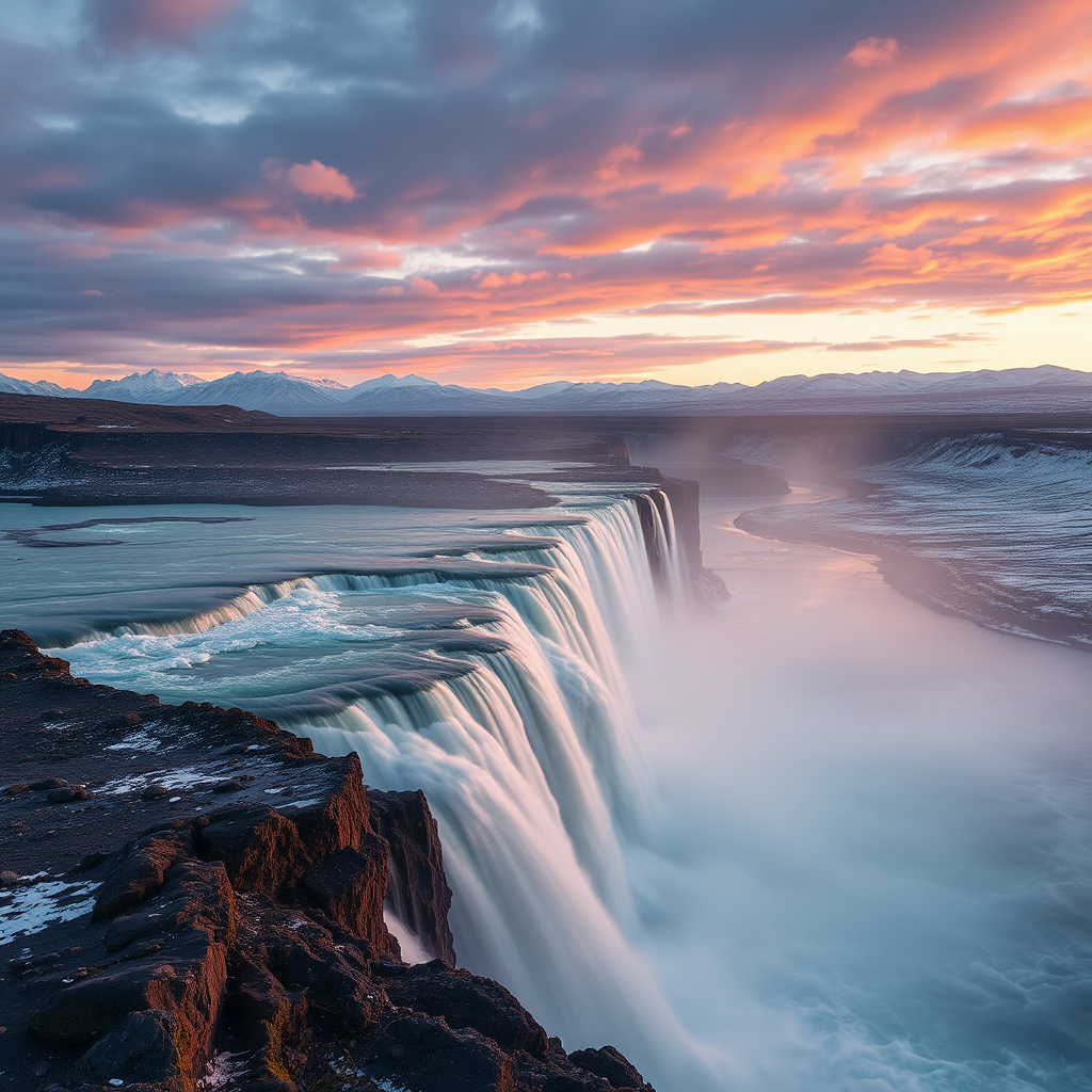 A powerful waterfall flows over jagged cliffs with a colorful sunset in the sky.