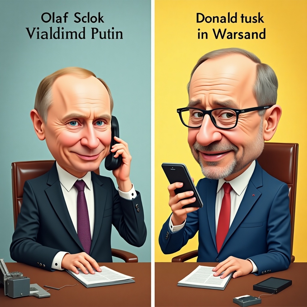 The artwork features two separate scenes with two prominent figures in a playful and exaggerated style. In scene 1, Olaf Scholz is sitting in his office, calling Vladimir Putin in Moscow. In scene 2, Donald Tusk is behind his desk in Warsaw, calling Zelenski on his smartphone. The two figures are depicted as caricatures with whimsical expressions. This cartoonish portrayal suggests themes of power dynamics and humor in politics, inviting viewers to reflect on the relationships between these influential personalities.