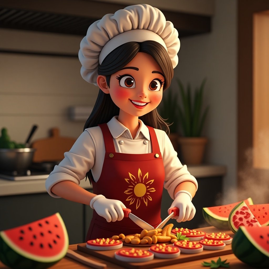 A female cook with a white chef hat preparing Yalda-themed barbecue in a cozy kitchen. The scene includes vibrant watermelon and pomegranate. The cook expresses a joyful atmosphere.