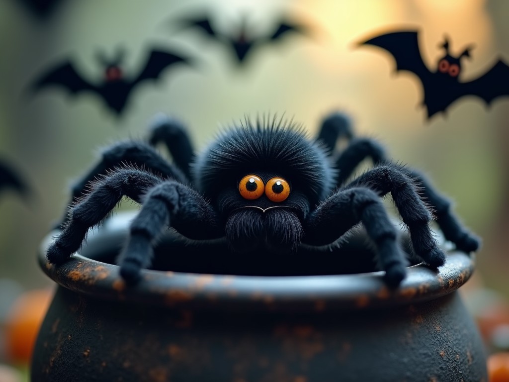 A cute and fuzzy black spider with oversized orange eyes is sitting inside a rusty cauldron. In the background, playful cartoonish bats are flying around. The cauldron is surrounded by Halloween-themed decorations like pumpkins. The setting is filled with warm, soft light that gives it a whimsical feel. This image captures a fun and festive Halloween vibe perfect for children.