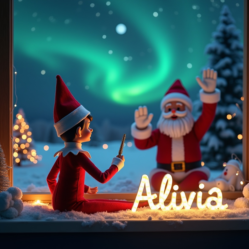 The image depicts a magical Christmas evening where an elf on the shelf is joyfully writing a child's name, 'Alivia'. The elf is positioned with its back to us, gazing at the stunning northern lights filling the sky. It uses a wand to elegantly write 'Alivia' in glowing letters. In the backdrop, Santa Claus waves cheerfully, set against a picturesque winter wonderland decorated with sparkling lights and snow-covered trees. The scene radiates a whimsical holiday atmosphere, perfectly capturing the essence of Christmas.