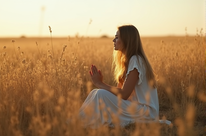 A woman in a white dress sits peacefully in a sunlit field, hands clasped in contemplation amidst tall, golden grasses.