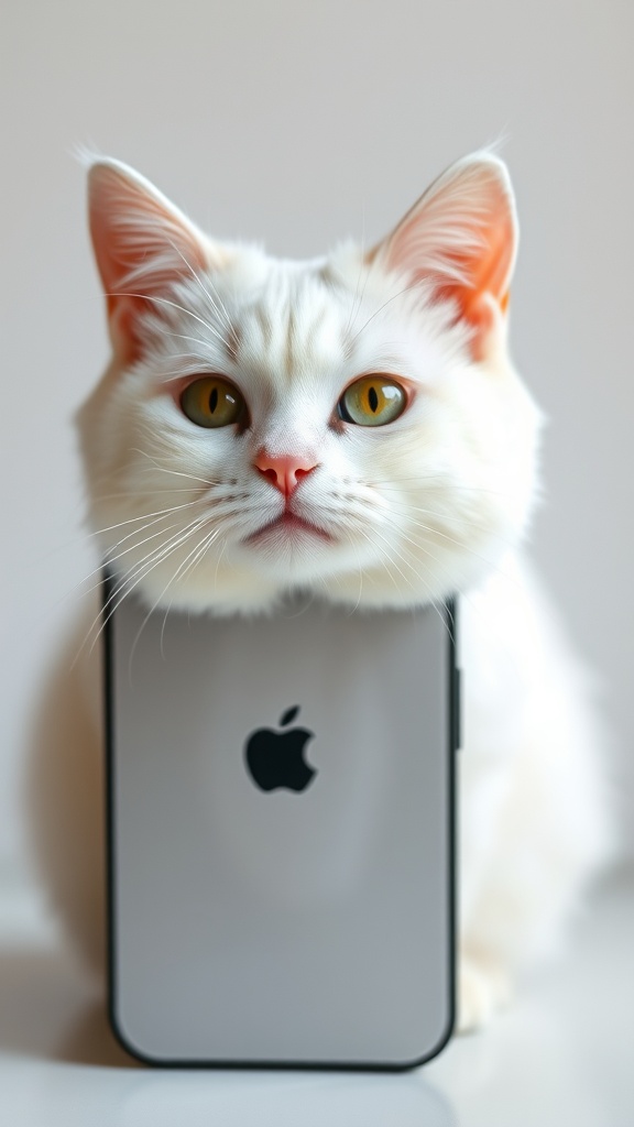 A white cat curiously positioned behind a smartphone featuring a familiar logo.