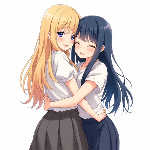 Two anime women embrace on a white background. One has long blonde hair and the other dark blue hair. They have smiles depicting peace and happiness.