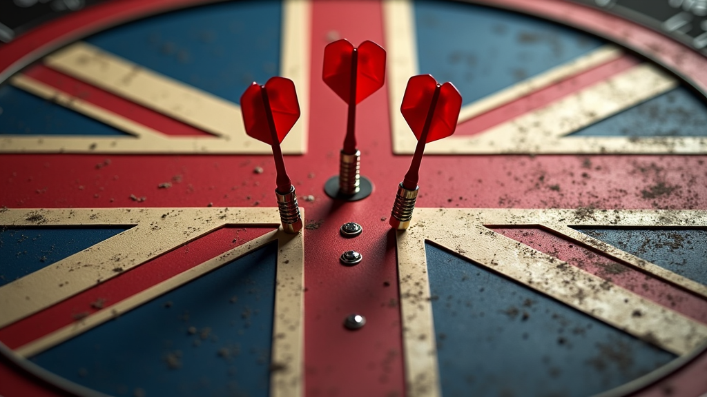 A dartboard featuring the British flag is adorned with three red darts striking the bullseye, surrounded by small debris.