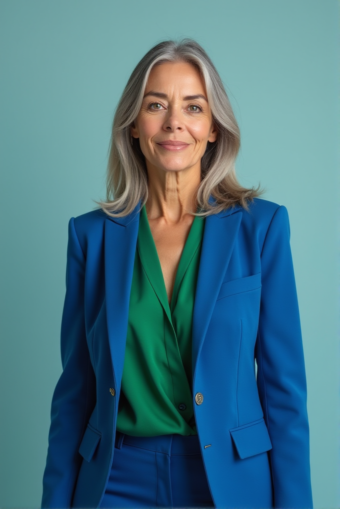 A woman with gray hair wearing a bright blue blazer and green blouse against a pale teal background.