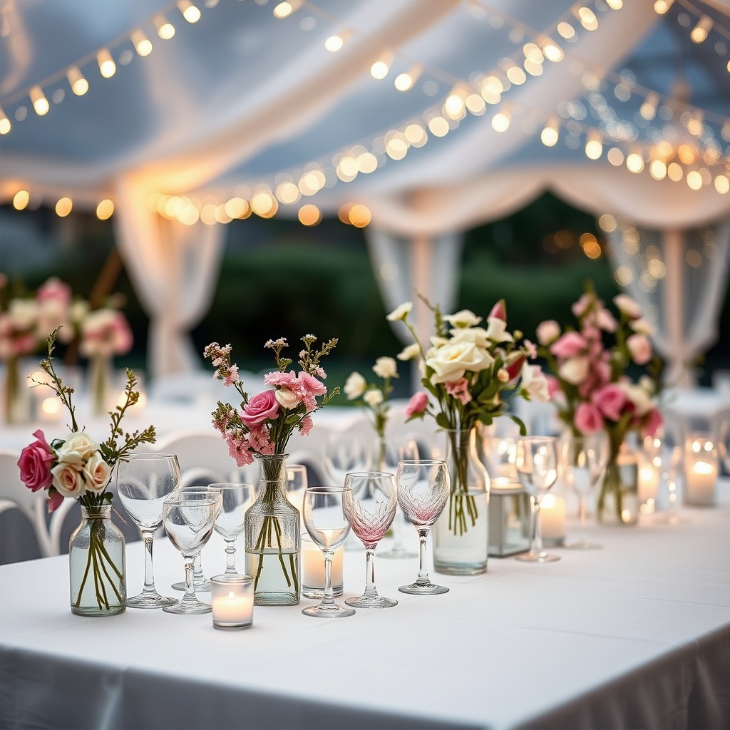 An elegantly decorated table with floral arrangements and wine glasses under a canopy of string lights.