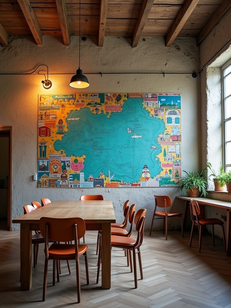 A modern classroom featuring a colorful illustrated map on the wall. A wooden table with multiple orange chairs is positioned in the room. The room has warm lighting and plants by the window.