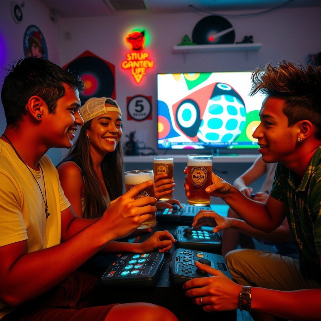 Friends enjoying drinks and gaming together in a vibrant room with neon lights.